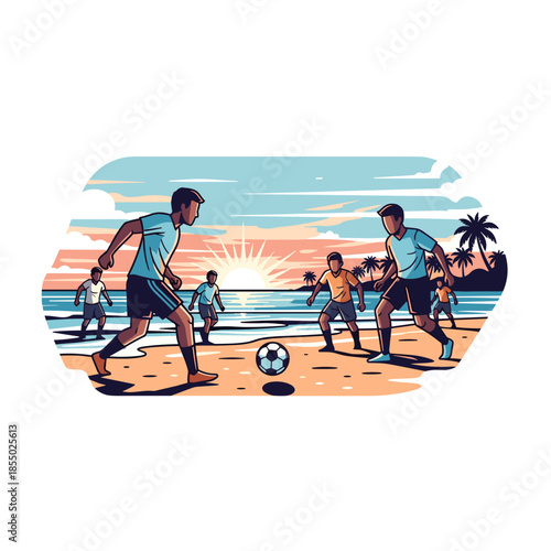 A group of people playing soccer on a beach during sunset. 