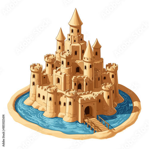 A magnificent sandcastle with detailed features. 