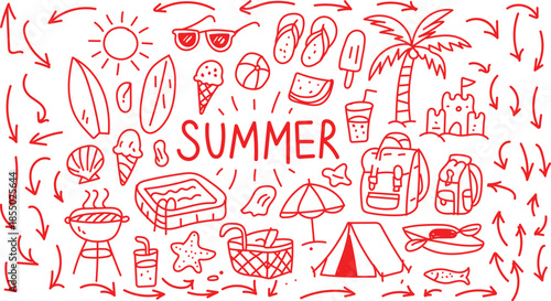 Hand-drawn summer doodles featuring beach fun. A vibrant doodle illustration of various essential summer vacation elements and leisure activities. This image is a cheerful and comprehensive doodle ill