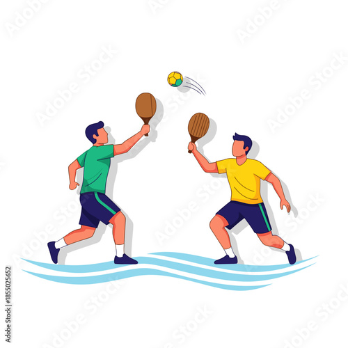 Two athletes competing in a game of beach paddleball, a sport played on sandy terrain. 