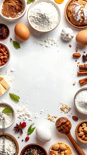 Overhead shot of baking ingredients arranged around a blank, white space, creating a frame effect