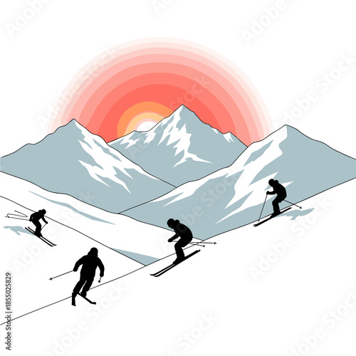 Skiers enjoying a sunny day on a snow-covered mountain. 