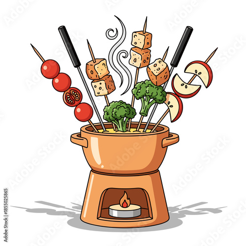 A delicious fondue pot with various food items on skewers, ready to enjoy. 