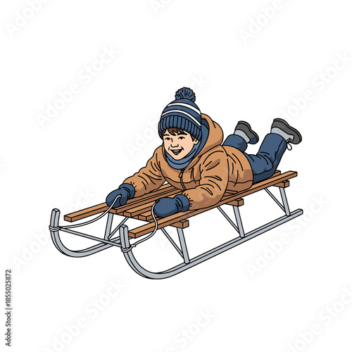 A child having fun sledding down a snowy hill.
