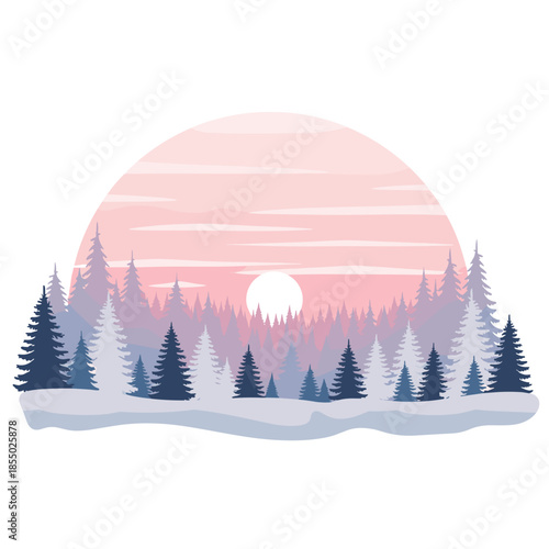 Winter forest landscape with rising sun silhouette. 