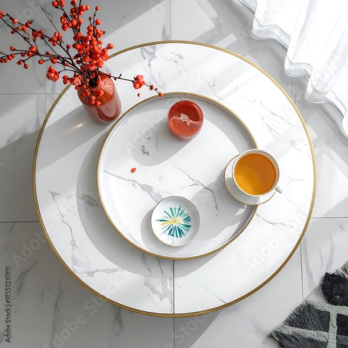 Overhead shot of circular marble tables, with drinks, a floral arrangement, and a decorative dish
