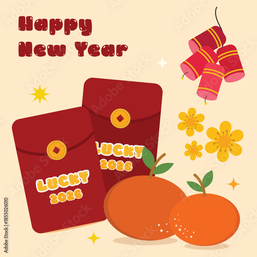 Happy New Year 2026 Illustration with Red Envelopes, Firecrackers and Tangerines