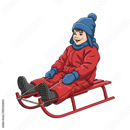A joyful illustration of a child sledding down a snowy hill. 