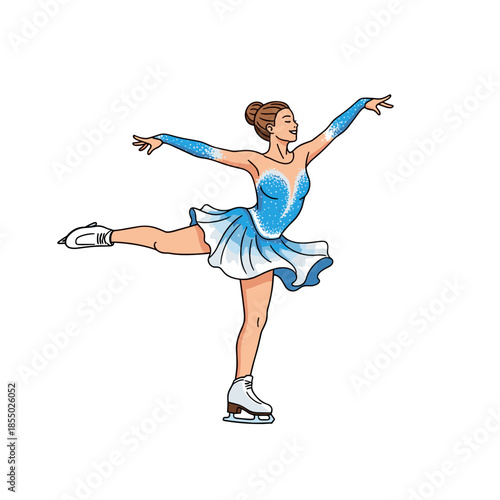A beautiful ice skater in a blue dress performing a graceful routine. 