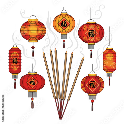 Traditional Chinese lanterns arranged with incense sticks. 