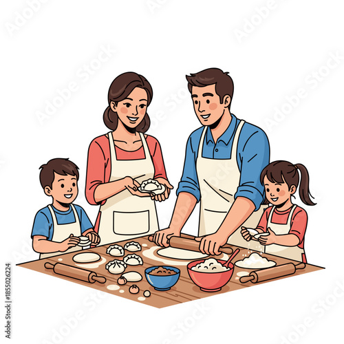 Family joyfully making dumplings together in the kitchen. 