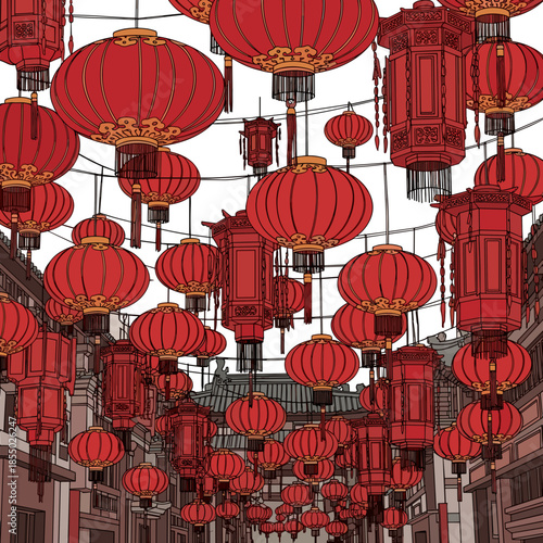 A street adorned with a multitude of red paper lanterns, embodying cultural heritage. 