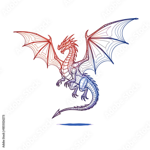 A majestic dragon soaring through the air, wings spread wide. 