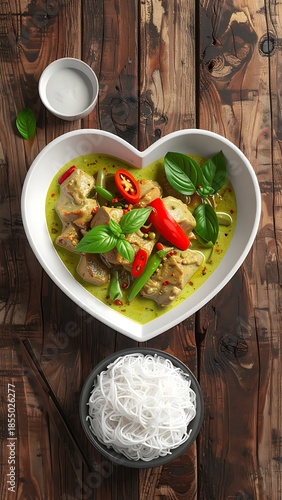 Overhead shot of green curry with tofu, peppers, basil in heart-shaped bowl with noodles on rustic wood