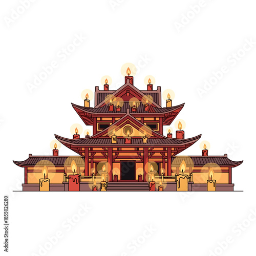 An exquisite illustration of a temple adorned with multiple candles. 