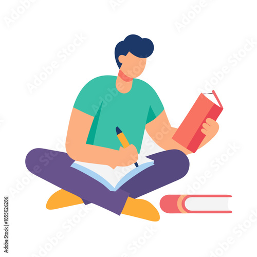 A person sitting on the ground with a book and pen. This image can be used to represent studying, writing, or learning.
