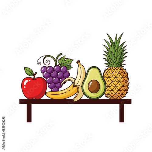 A vibrant array of fresh fruits displayed on a shelf. 