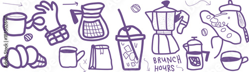A delightful collection of hand-drawn coffee and brunch essentials for your cafe experience, This image features a charming, hand-drawn illustration depicting a variety of coffee, breakfast, and brunc