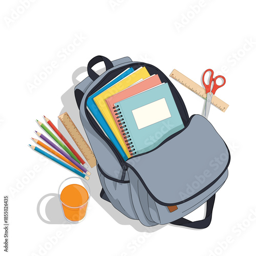 An open school bag filled with stationery and a refreshing juice.