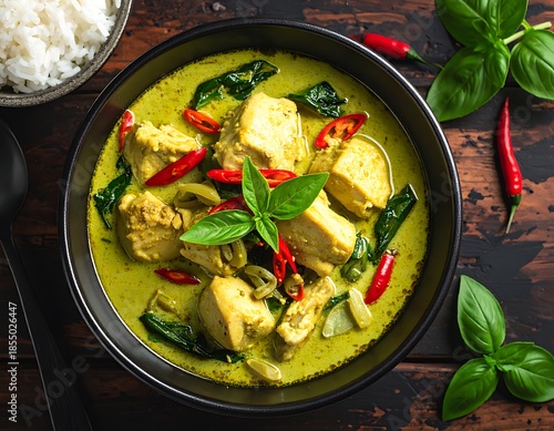 Overhead shot of green curry with tofu, spinach, and rice, garnished with basil and red chilies on a dark wood surface