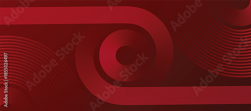 Abstract glowing lines on red background. Geometric stripe line art design. Modern red lines pattern. Background with Wave Rainbow Ribbons