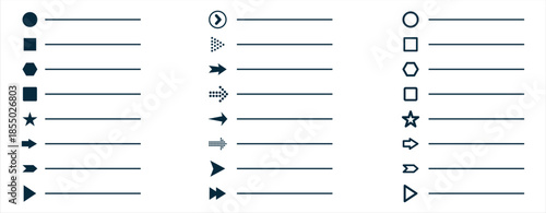 Bullet points. List icon set with geometric shapes, arrows, stars, hearts. Minimal user interface elements for apps, websites, infographics, UI UX design, web development presentations.