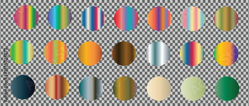 Large realistic vector collection of twenty-four vibrant holographic striped and colorful abstract gradient swatches for modern web design projects