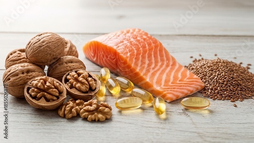 Healthy sources of Omega-3 fatty acids including raw salmon fillet, walnuts, flax seeds, and fish oil capsules on a wooden table. Concept of balanced nutrition, dietary supplements, and heart health.