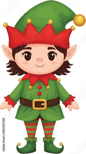 Cute cartoon Christmas elf with pointy ears, green suit, red hat, and buckle, isolated on white