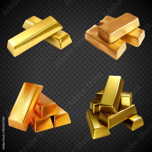 Collection of realistic golden bar isolated on a transparent background. 3d golden bar set