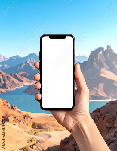 Phone screen held against mountain and lake view, bright sunny day, serene and calming