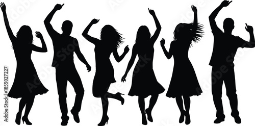 Dancing people silhouettes jumping and moving energetically, men and women party dance poses isolated on white background