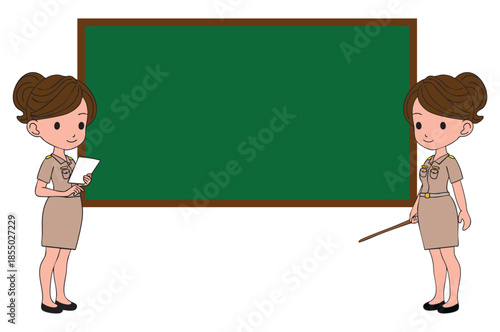 Female Teacher Illustration Teaching in a Classroom with a Chalkboard.