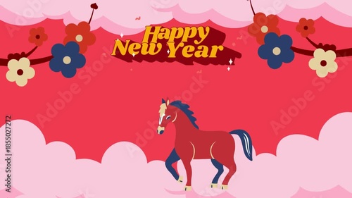 Animated horses are celebrating the New Year on white clouds decorated with flowers.