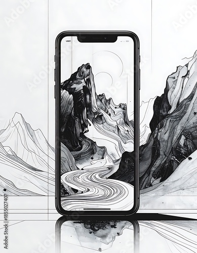 Phone showcasing black & white landscape art. Mountain, river, and modern aesthetic. White background with sketch-like style