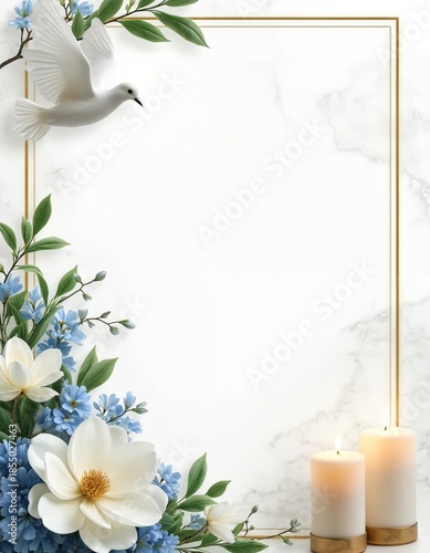 Wallpaper Mural White dove flies near blooming flowers, lit candles and golden frame. Marble background for funeral or memorial invitation. Condolence card design with floral. Torontodigital.ca