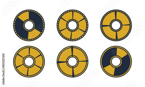 Gold Compact Disc Icon Set – Minimal CD and DVD Symbols with Navy Segments on White Background