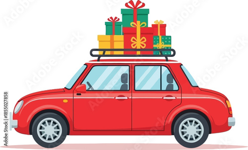 Red car loaded with colorful Christmas gift boxes on the roof rack, ready for holiday travel