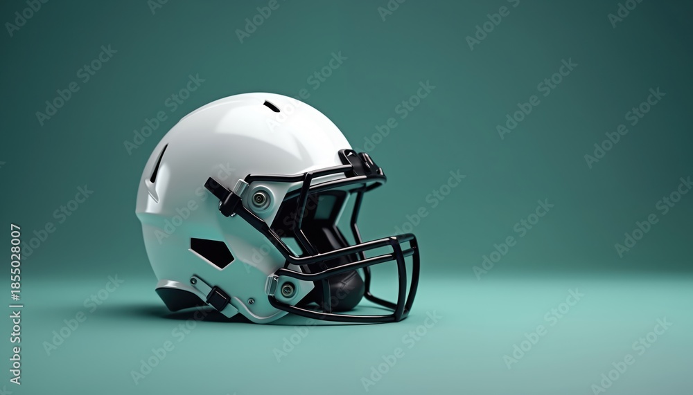 Naklejka premium White American football helmet rests on a teal studio background. Protective headgear is ready for game day action, offering safety for athletes. This sports equipment features a clean design.