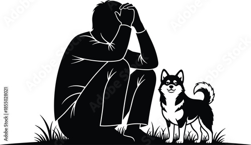 Depressed man silhouette sitting with dog companion, loneliness and mental health concept, emotional support, friendship, minimal black and white illustration