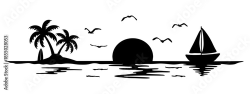 Vector silhouette of a sunset view by the sea, sailboats, palm trees, and tropical beach scenery.