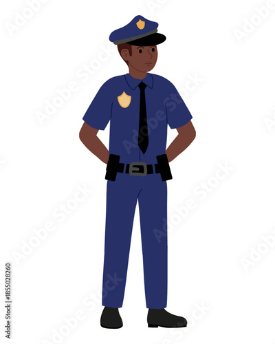 Black police officer in blue uniform with badge on his shirt Standing hands on hips. Flat vector illustration.