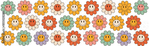 Retro Groovy Flower Smileys Pattern Seamless Background face