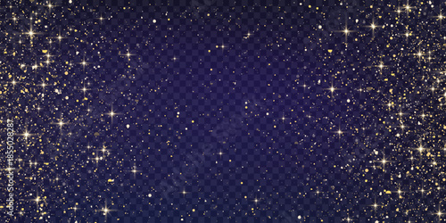 Glitter gold particles shine effect on png background. Vector gold glitter particles effect and texture. Stardust amber particles color on transparent background. Golden explosion of confetti.