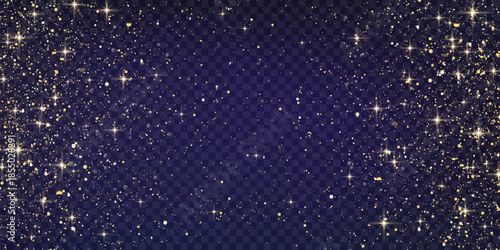 Glitter gold particles shine effect on png background. Vector gold glitter particles effect and texture. Stardust amber particles color on transparent background. Golden explosion of confetti.