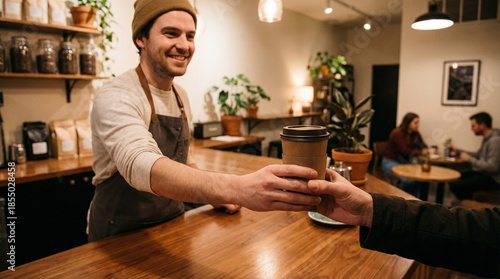 Wallpaper Mural A cheerful barista in a cozy coffee shop handing over a cup of coffee to a customer at the counter Torontodigital.ca