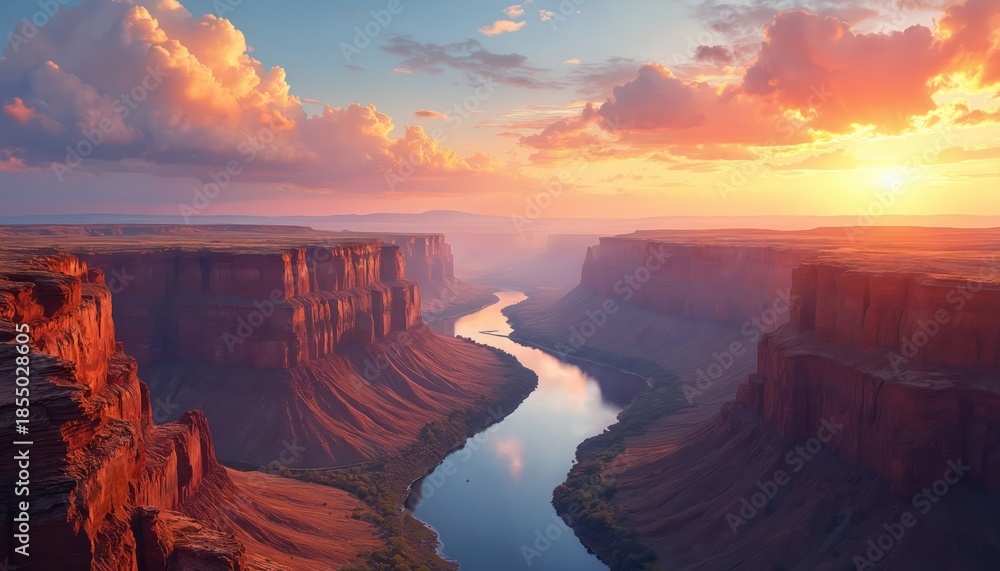 Fototapeta premium Vast canyon landscape at sunrise. Red rock formations flank winding river reflecting colorful clouds in sky. Sunlight illuminates terrain, creating dramatic shadows, gradient hues, evoking nature