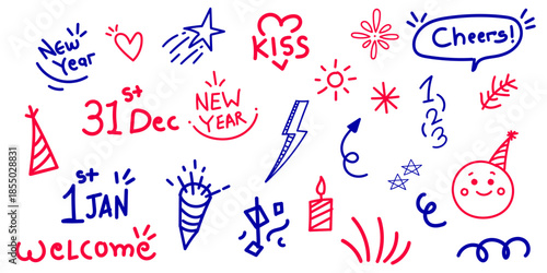 new year doddle, Hand Drawn doddle set, minimal new year decoration design set, happy new year poster ,card ,post decorative design collection,  