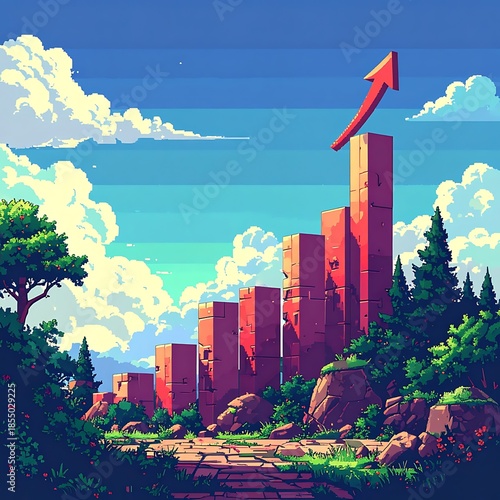 Pixelated growth red graph climbs through lush landscape under a bright, cloudy sky, implying progress and prosperity