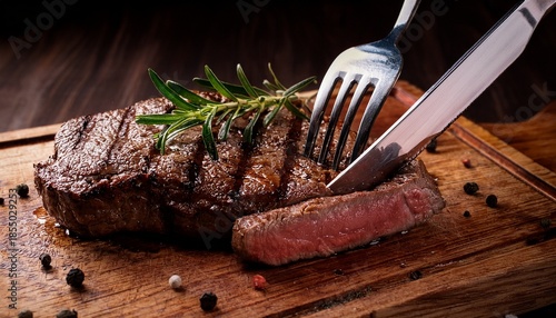 Juicy Grilled Steak Being Sliced With A Knife And Fork On A Wooden Board